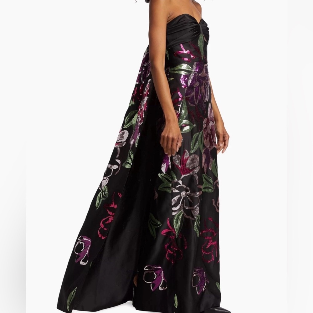 Marchesa Notte Strapless Sequin Cape Gown